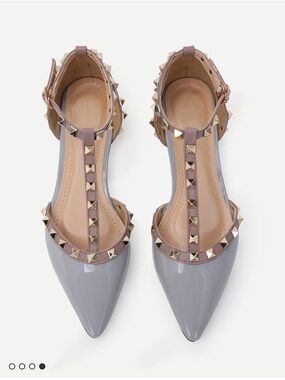 SHEIN Gray Patent Pointed T-Strap Flats with Taupe Studded Straps